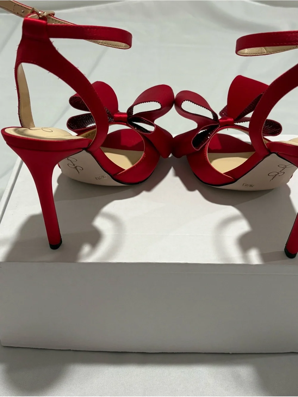 Jessica Simpson Red Satin Bow Ankle-Strap Stiletto Heels